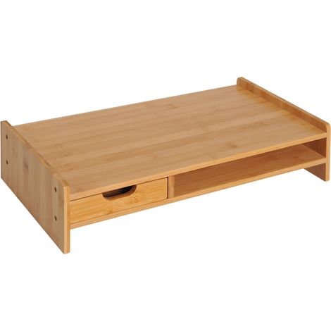 Soporte elevador para monitor de bambú natural con cajón y compartimento de almacenamiento (1/5)