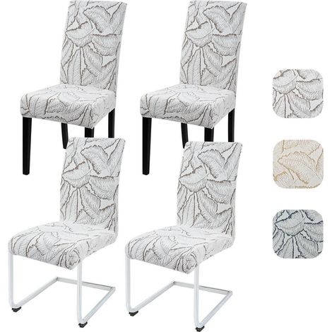 Stuhlhussen 4er Set Jacquard Blattmuster Khaki Hochelastisch & Waschbar (1/5)