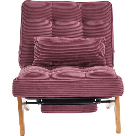 Fauteuil lounge moderne réglable sans dossier en tissu, avec repose-pieds, coussin lombaire et pieds en bois pour salon/chambre/bureau (velours côtelé bordeaux)