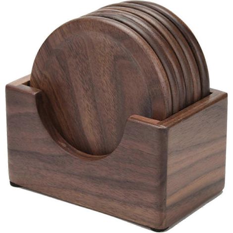 Lot de 6 dessous de verre ronds en bois de noyer, décoratifs et chauds, pour la table de la cuisine ou du salon de thé. (1/5)