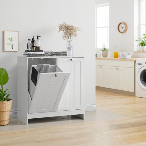 Mobile basso da bagno con cesti portabiancheria 66 cm – mobile lavanderia bianco laccato con 2 cesti inclinabili e sacchi in tessuto rimovibili per bagno e WC