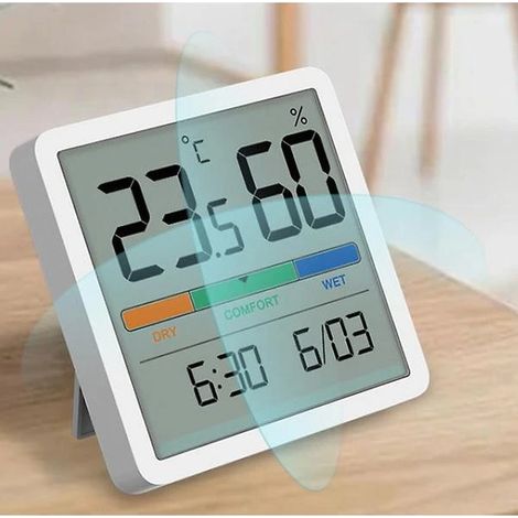 Thermomètre de bureau numérique avec affichage de la température et de l'humidité, thermomètre d'ambiance précis avec horloge (blanc), 70 x 70 mm (1/4)