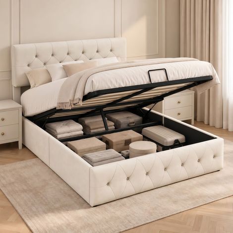 Lit coffre 140x190 cm,lit 140x190 avec sommier à lattes,Tête de lit réglable en hauteur,lit adulte,lit 2 personnes,tissu en Velours,Beige (1/5)