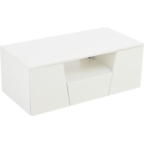 Table basse 100 x 50 x 40 cm, table de salon avec éclairage LED, table de salon laquée brillante avec 2 armoires, table d’appoint, table basse avec 1 tiroir, design irrégulier, blanc (1/5)