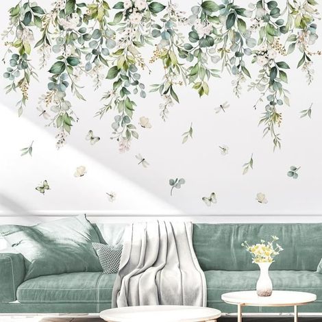Stickers Muraux Feuilles de Vigne Autocollants Muraux Mural Stickers Verte Feuilles Tropicales Plantes Pendantes Fleurs pour (1/4)