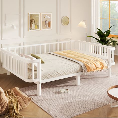 Lit enfant métal 140x200 cm adulte, structure stable, sommier à lattes, gain de place, pour salon, blanc (1/5)