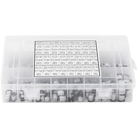 Kit de 400 condensateurs électrolytiques en aluminium CMS (24 valeurs) assortis, de 1 µF à 1000 µF (1/5)
