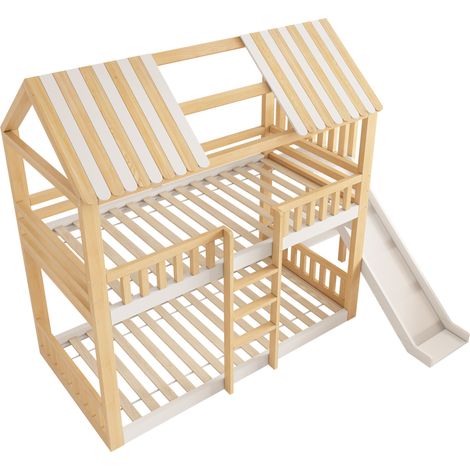 Litera infantil 90 x 200 tipo casita con tobogán y estante blanco y natural HOMVRA (1/5)