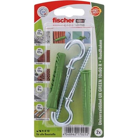 Fischer  2x  Taco  universal  UX  GREEN  10  x  60  mm  R  RH  con  borde  y  gancho  redondo  -  520710