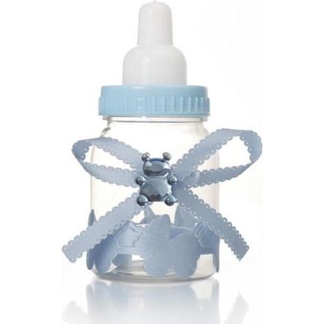 24PCS Boîte à Dragées avec Ruban Mini Biberon Strass Ours Cadeau Box Bonbonnière pour Bébé Baptême Bleu