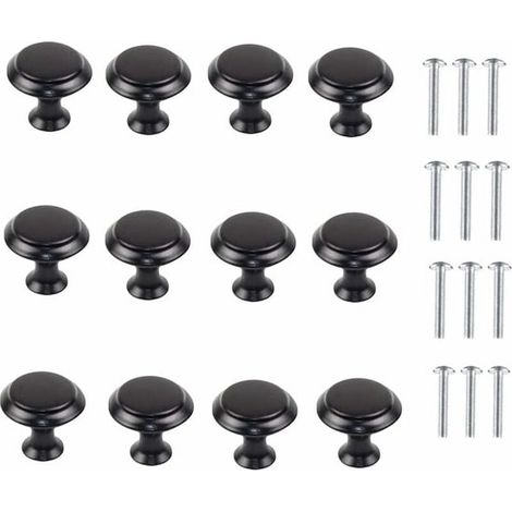 Poignées et boutons - 12 pièces - Poignée de meuble - Boutons de porte d'armoire - Acier inoxydable - Noir - Ø 27 mm - Forme champignon ronde - Avec vis - Pour Cuisine, armoire, tiroir, chambre, salle (1/5)
