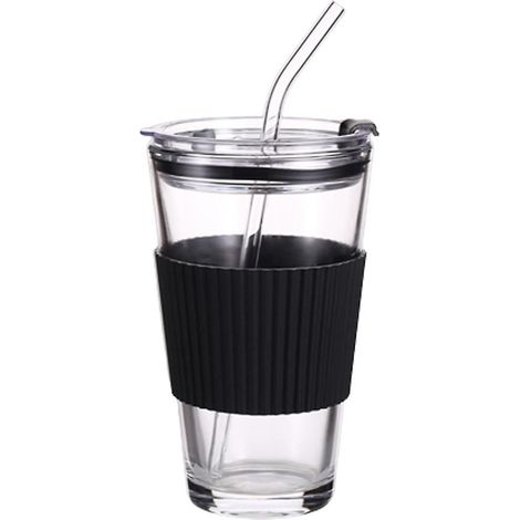 Tasse à café 450 ml, verre à lait, tasse à thé, gobelet avec paille et couvercle, récipient à boisson noir avec support. (1/4)
