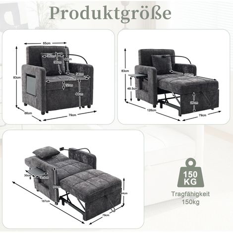 Schlafsessel 167x79x83 cm dunkelgrau, mit Ablage und Stauraum, Chenille MEUBLIV (1/5)