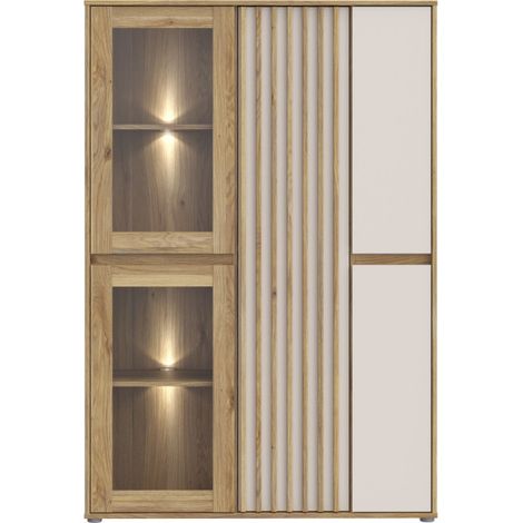 Mitepek – Vitrine de rangement ELISTON – 5 portes dont 2 vitrées – Sable et chêne naturel – Dimensions 109,6 × 41,5 × 161,8 cm – Système soft-close (1/5)