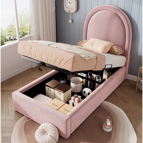 Letto con contenitore in velluto rosa 90x200 cm, rete a doghe inclusa (1/5)