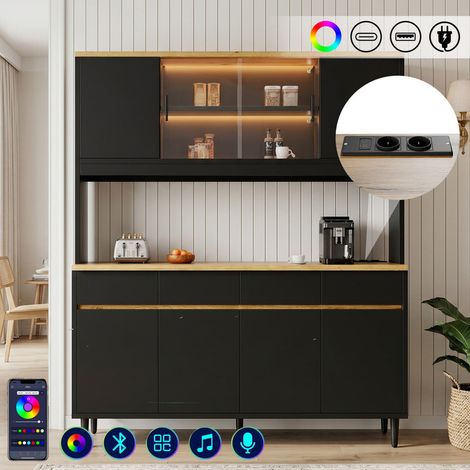 Armario buffet alto 160x40x185 cm para comedor, con múltiples estantes, enchufe integrado y puertos USB-C y USB-A, tira de luz LED color – negro + roble
