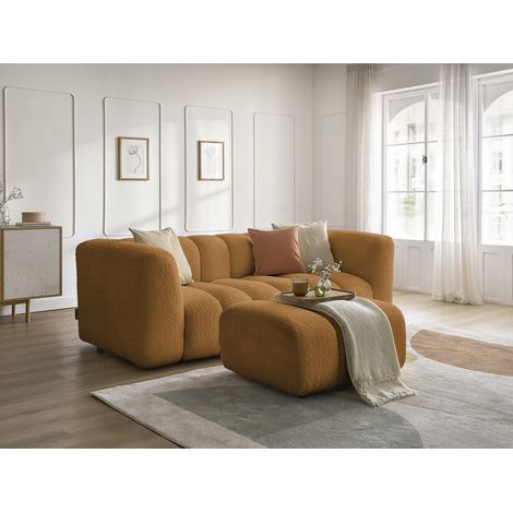 BOBOCHIC - Canapé droit fixe 3 places TALIA tissu bouclette avec pouf Jaune (1/5)