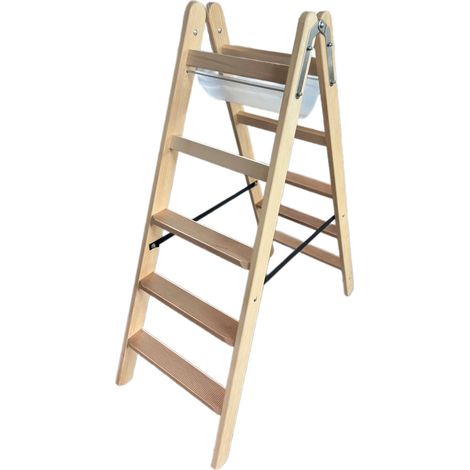 Siedra Holz Stufenstehleiter HSL nach TRBS 2121-2 mit Werkzeugtasche und Eimerhaken 2x5 Stufen (1/2)
