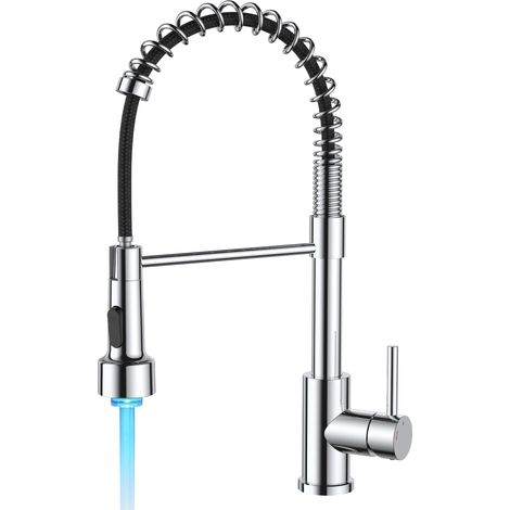 Robinet Cuisine Douchette LED avec Indicateur de Température, Mitigeur Cuisine d'evier en Acier Inoxydable avec 2 Modes de jet, Levier Unique, Bec Pivotant 360°, Haute Pression, Chrome Poli (1/5)