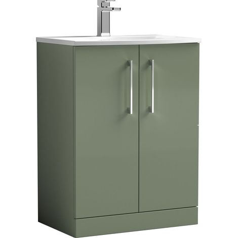 Balterley Modern Bathroom 2 Soft Close Door Floor Standing Vanity Unit & Curved Basin, Satin Green, 600mm