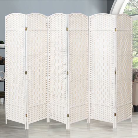 White Solid Weave Wicker Wood Room Divider, 6 Panel