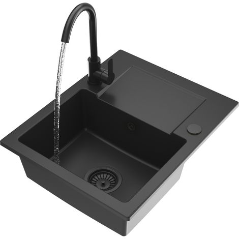 Évier en Granit 1 Bac Fabro Granitan avec Robinet et Siphon Noir 58,5x47,5 cm (1/5)