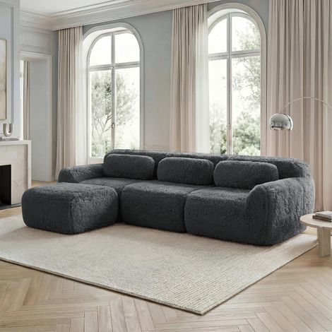 Canapé d'angle modulable, revêtement en tissu moelleux, sans structure, profond et sans armature, livré monté, avec coussins. Mousse souple haute résilience, base antidérapante, convient au salon et à (1/5)