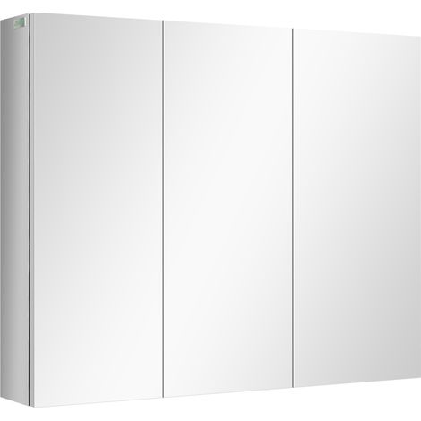 Armoire de salle de bain murale en acier inoxydable avec 3 portes miroir et 5 étagères, 70x12x55 cm, argent (1/5)