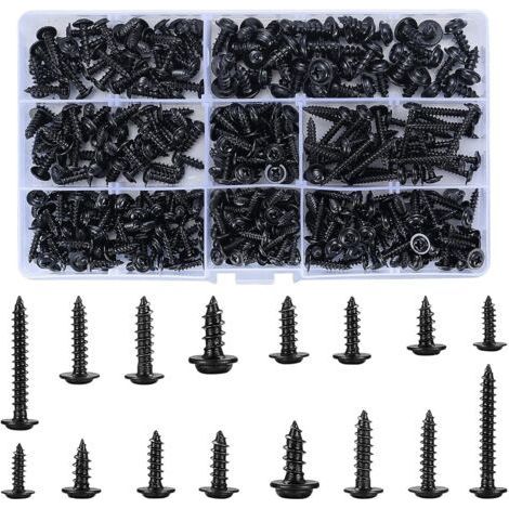 350 vis autotaraudeuses en acier au carbone, vis à bois noires, jeu de vis à tête ronde, vis à tête Phillips, adaptées au liège et au métal - 8 tailles, avec étui en plastique. (1/5)
