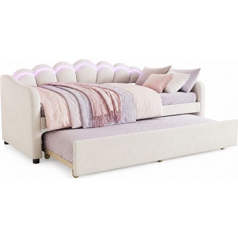 Lit banquette 90x200 cm avec lit gigogne, LED d’ambiance à couleurs changeantes, velours beige et MDF, style minimaliste, sans matelas CHICFURN (1/5)