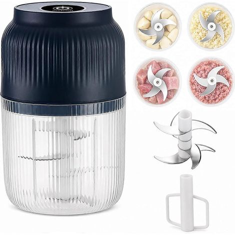 Hachoir à ail électrique rechargeable USB 400ml robot culinaire avec 6 lames inox bol bleu pour ail oignon gingembre et légumes (1/5)
