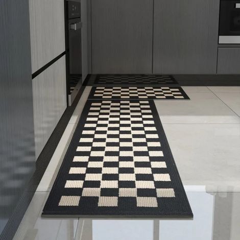 Tapis de cuisine - Tapis de cuisine à damier - 45x70cm et 45x150cm - Noir et blanc - Polypropylène - Lot de 2 (1/5)