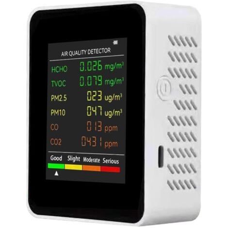 Détecteur de qualité de l'air 6 en 1 – PM2,5, PM10, HCHO, TVOC, CO, CO2 – Écran LCD rétroéclairé – Portable pour maison et bureau