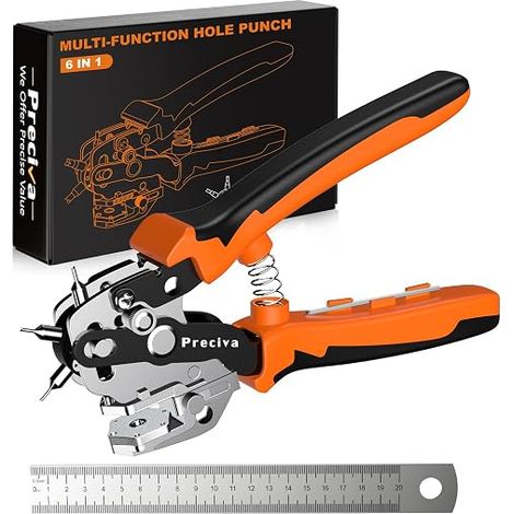 Pince Perforatrice Rotatif pour Cuir, Pince à Oeillet/Perforateur à Ceinture 6 Tailles, Outil de Perforation avec Règle pour Cuir, Ceinture (Orange) (1/5)