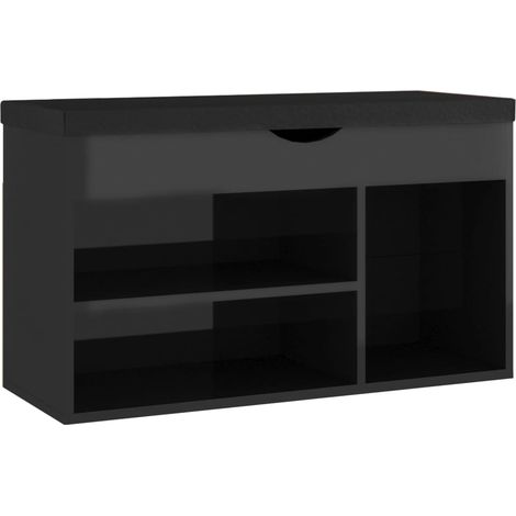 Banc à chaussures bottes commode étagère meuble entrée rangement et coussin brillant bois d'ingénierie noir