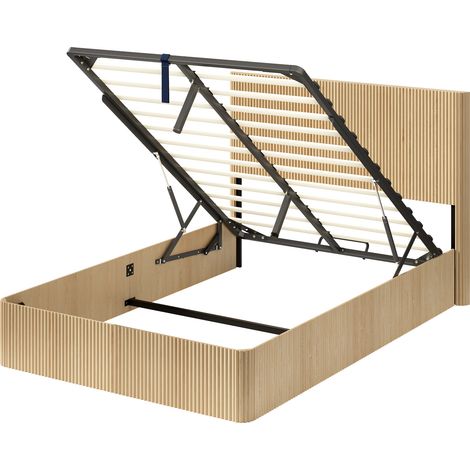 Letto contenitore 140 x 200 cm con sistema di sollevamento idraulico, MDF e metallo, rovere chiaro (1/5)