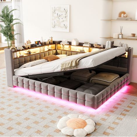 Cama de matrimonio 140x200 cm con almacenamiento, LED, puertos USB Type-C, somier de láminas y tapizado de terciopelo - gris claro (1/5)
