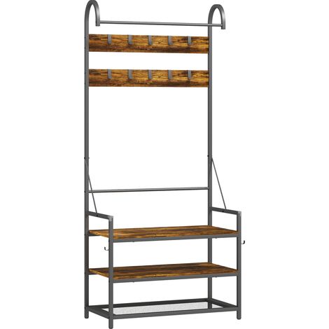 Mobile Ingresso Appendiabiti con Panca e Scarpiera 80x40x182 cm in Legno e Metallo Marrone e Nero (1/5)