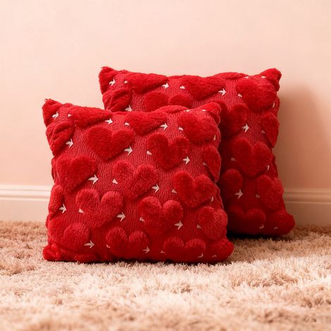 Housse De Coussin - Coeur Rouge Jacquard - Fausse Fourrure Douce - 45 x 45 cm - Décoration Pour Jour De La Saint-Valentin - 1 Pièce (1/5)