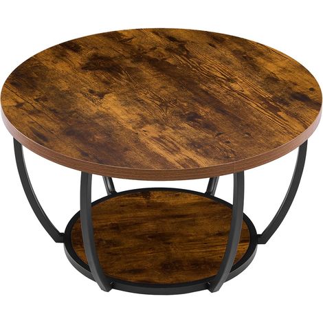 Table basse ronde moderne 2 niveaux en bois avec rangement ouvert, structure métallique stable, style minimaliste pour salon et bureau, montage facile, marron rustique (1/5)