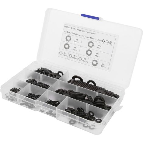 Rondelles plates en acier au carbone, lot de 480 pièces, tailles M2 M2.5 M3 M4 M5 M6 M8 M10, quincaillerie pour auto et maison (1/5)