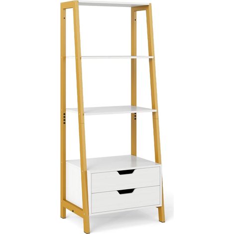 GOPLUS Bibliothèque Salon Chambre à 4 Niveaux avec 4 Étagères, 2 Tiroirs, Étagère à Échelle Autoportante avec Cadre en Métal, Étagère Moderne pour Salon, Chambre,52 x 39,5 x 134 cm (Blanc) (1/5)