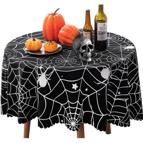 Nappe ronde en polyester de 152 cm (60 pouces), nappe toile d'araignée noire pour Halloween, nappe en polyester lavable et anti-taches - Parfaite pour les décorations de fête d'Halloween (1/5)