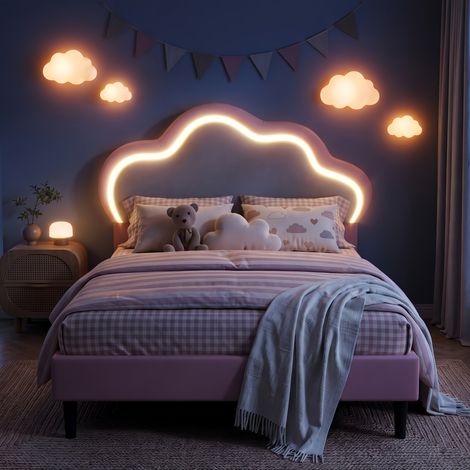 Lit Enfant capitonné 90x190 cm, Lit fille - Tête de Lit Nuage avec LED - Sommier à Lattes Inclus, Design Scandinave, Rose (1/5)