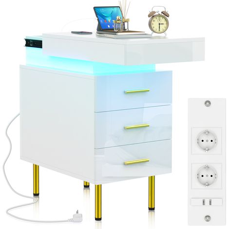 Haloyo® Table d'Appoint Moderne avec Multiprise, avec 3 tiroirs, Bout de Canapé, Table Basse, pour Salon, Chambre, 35x55x60cm, blanc (1/5)