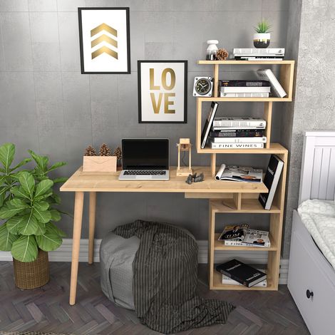 Vina bureau 120 cm longeur étagères à 5 niveaux incluses (chêne)