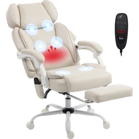 Fauteuil de bureau inclinable avec massage vibrant à 6 points, chauffage lombaire, appui-tête et repose-pieds réglables - Crème (1/5)