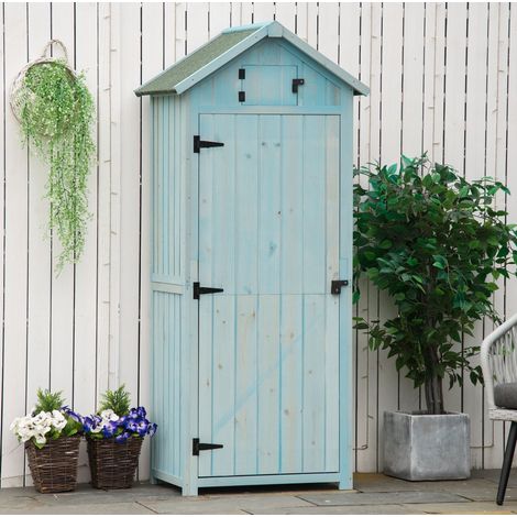 Armadio da giardino 77x54.2x179 cm azzurro in legno con tetto impermeabile e ripiani rimovibili (1/5)