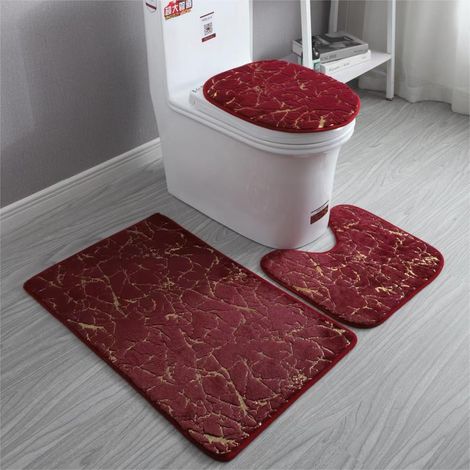 Tapis de bain en fausse fourrure de lapin ultra-doux – Set 3 pièces (50x80 cm, 40x50 cm en forme d’U, 38x46 cm pour couvercle de WC) – Couleur bordeaux – Idéal salle de bain moderne-lsw