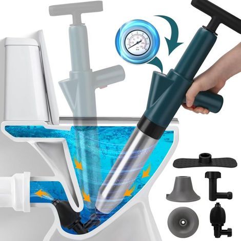 Déboucheur de toilettes, pistolet à air comprimé haute pression avec baromètre en temps réel, en acier inoxydable, pour déboucher les canalisations de salle de bain, d'évier, de sol et de cuisine. (1/4)